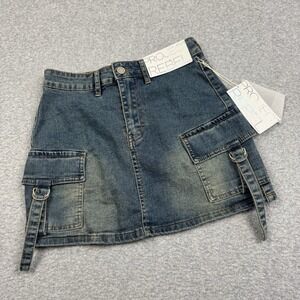 Project Rebel‎ Denim Mini Skirt Small Cargo Pockets Buckles Quirky Boho Casual